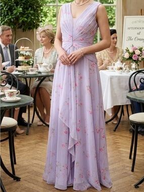 Lilac Floral V-Neck Chiffon Evening Dress